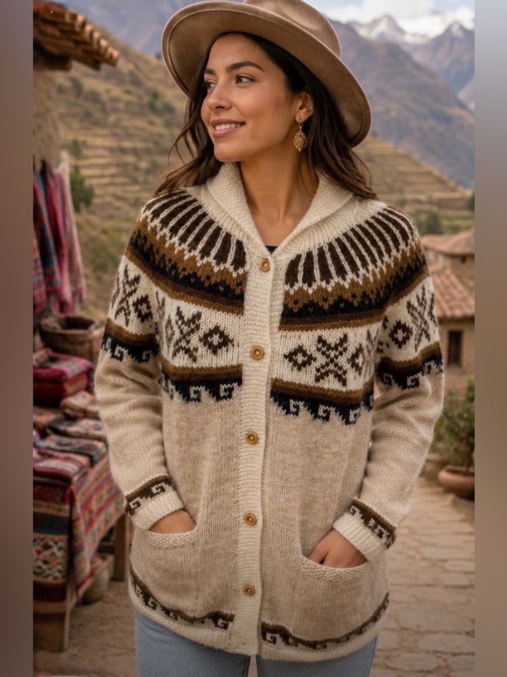 Peruvian Alpaca Connection Ivory Brown Fair Isle Cardigan Sz Medium